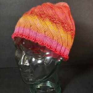 Handmade Knit Hat Pink & Orange Sunset Swirl Design Warm Winter Cap Wool Blend